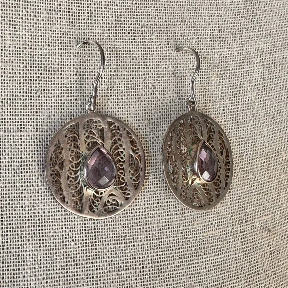 Vintage Boho Sterling Silver Filigree Drop Earrings with Pear-Cut Amethyst Accen